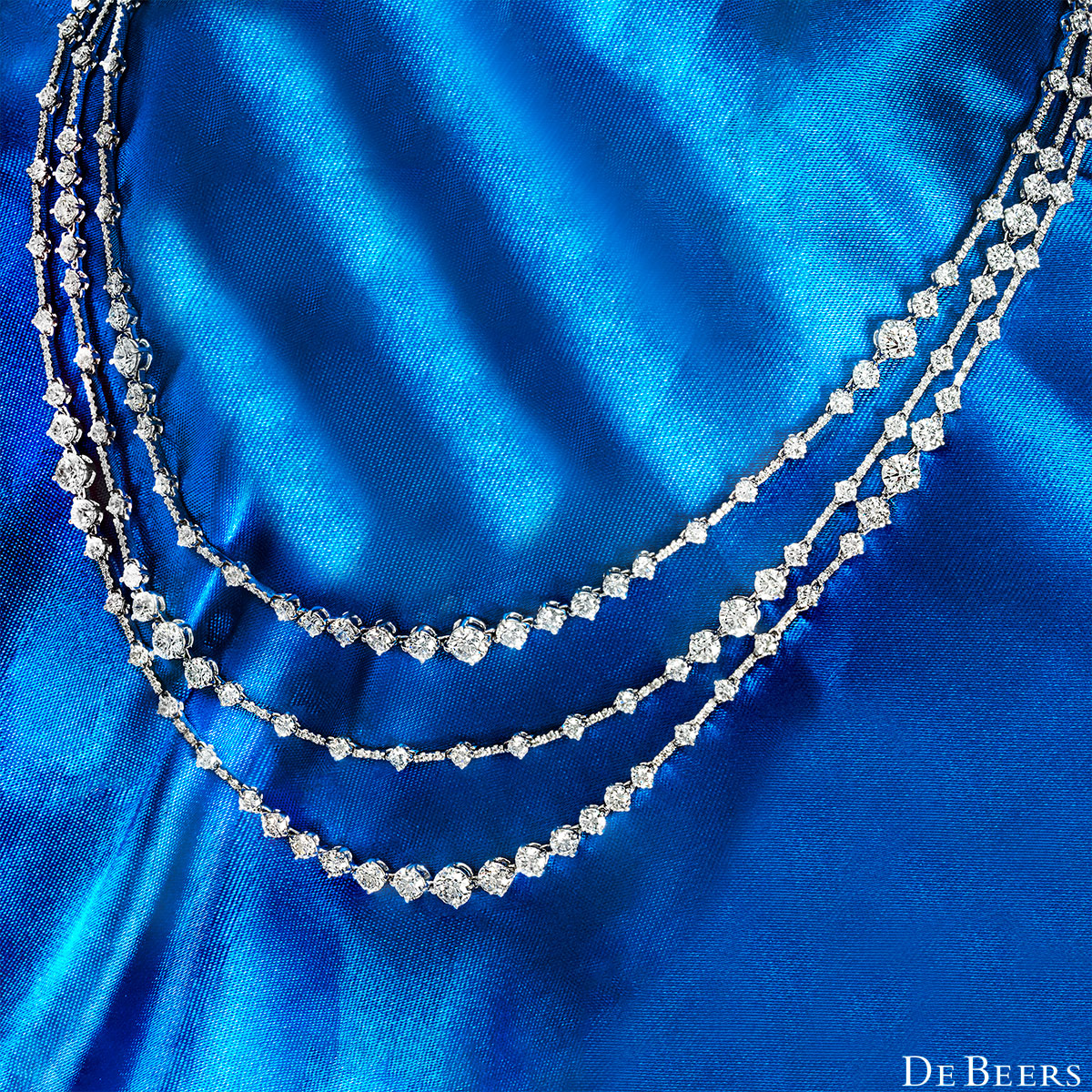 De Beers White Gold Arpeggia Three Line Diamond Necklace 19.4ct G+/VS+